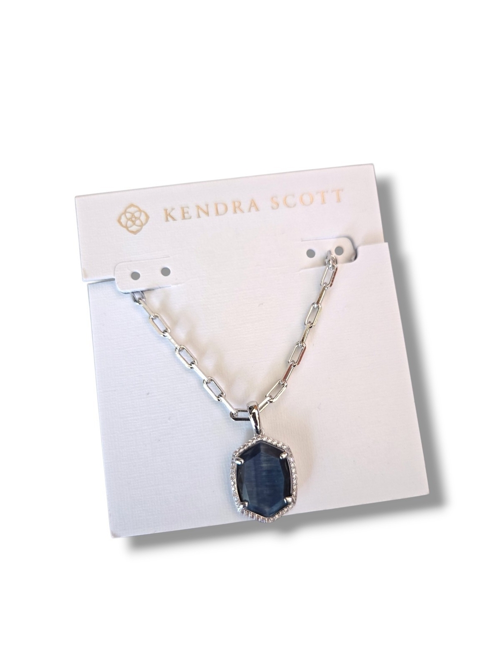 Kendra Scott Silver Necklace with Navy Blue Pave Faceted Pendant
